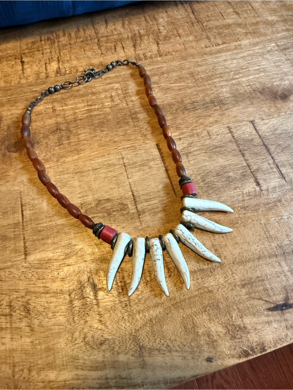 Boho White Spike Pendant Necklace with Brown Beads